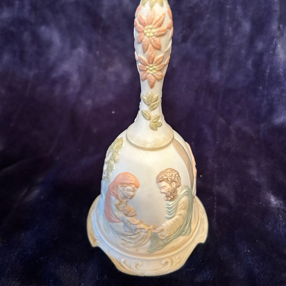 Lefton China Cream Decorative Musical Bell with Floral Relief and Scalloped Base